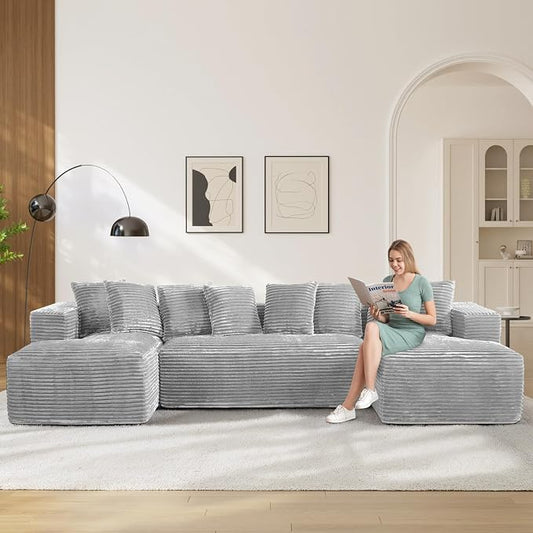 131" Oversized U Shaped Cloud Sectional Couches for Living Room, Comfy Fluffy Corduroy Grey Boneless Sectionals Couch, Plush Memory Foam Modular Sectional Sofa with Chaise- 19" Seat Height