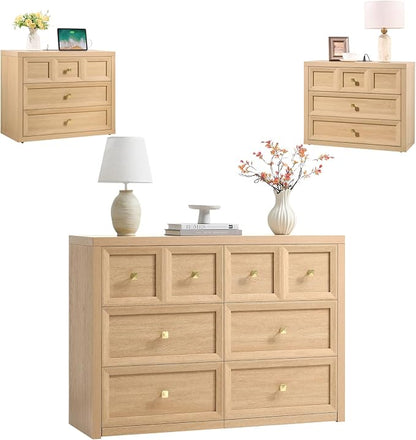 3-Piece Bedroom Set, 6 Drawer Dresser and 3 Drawer King Size Nightstands Set of 2 with Charging Station, 3 Piece Farmhouse Wood Bedroom Dresser and Nightstand Sets,Natural