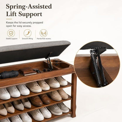 Solid Wood Shoe Bench with Storage, Flip-Top Soft-Close Lid, Adjustable Shelves, Cushioned Entryway Shoe Rack Organizer, 23.6"