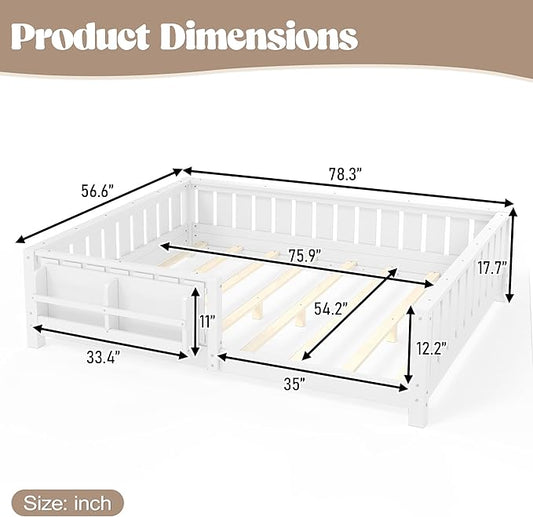 Bellemave Full Size Floor Bed with Slats and Guardrails, Full Size Montessori Floor Bed with Bookcase and Fence, Low Profile Montessori Beds for Kids, White Floor Beds Frame