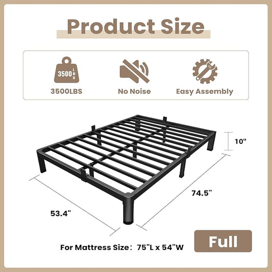 ROIL 10 Inch Full Size Bed Frame with Rounded Corner Low Profile Metal Platform 3500LBS Heavy Duty Steel Slats No Box Spring Needed Noise-Free Easy Assembly