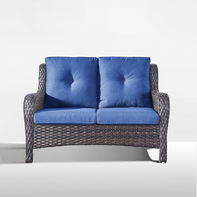 Outdoor Loveseat Sofa-2 Seater Rattan Wicker Patio Couch High Back Patio Sofa for Porch Deck Backyard-Brown/Blue