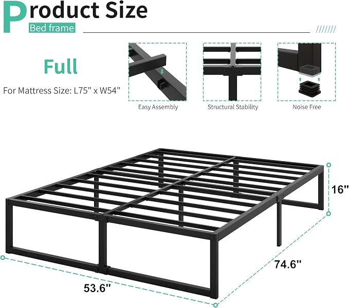 Lutown-Teen 16 Inch Full Size Bed Frame No Box Spring Needed, Heavy Duty Metal Platform Beds with Sturdy Steal Slats for Mattress Foundation, Easy Assembly, Noise Free, Black
