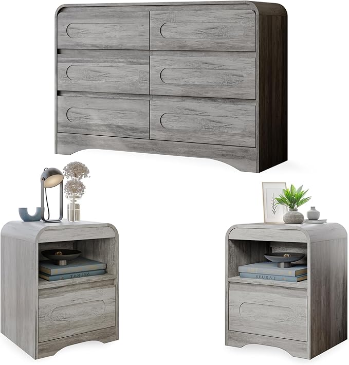 3 Piece Bedroom Set, Dresser and Nightstand Sets for Bedroom | Wood 6 Drawer Dresser & Night Stand Set of 2, Wide Chest of Drawers Modern Storage Cabinet Bedroom Furniture Set, Grey