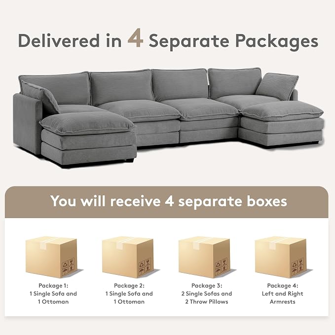 ROWHY 148'' Sectional Cloud Couch with 2 Ottomans, Oversized 4 Seat Sleeper Sofa with 2 Throw Pillows, Convertible Upholstered U Shaped Cozy Sofa Furniture Set for Living Room and Office, Dark Grey
