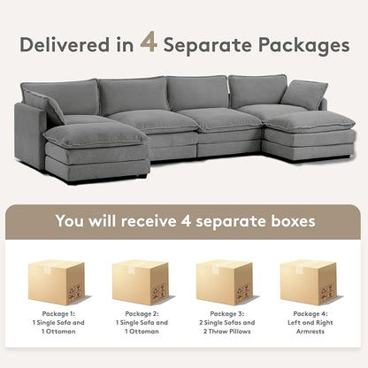 ROWHY 148'' Sectional Cloud Couch with 2 Ottomans, Oversized 4 Seat Sleeper Sofa with 2 Throw Pillows, Convertible Upholstered U Shaped Cozy Sofa Furniture Set for Living Room and Office, Dark Grey