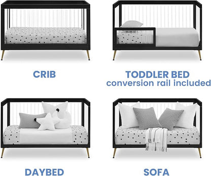 Delta Children Sloane Crib 7-Piece Baby Nursery Furniture Set–Includes: Convertible Crib, Dresser, Changing Top, Crib Mattress, Fitted Sheets, Toddler Guardrail & Changing Pad, Black w/Melted Bronze