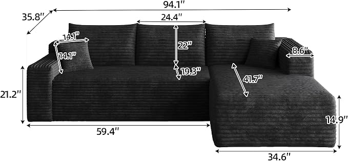 95" L Shaped Boneless Sectional Sofa Couch with Chaise Lounge, Minimalist Right Facing Compressed Cloud Modular Sectional Sofa Corner Couchfor Living Room,No Assembly Required