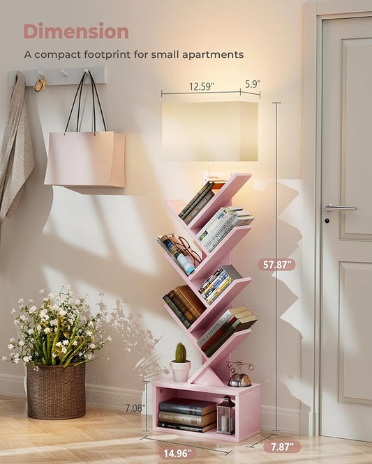 Evermagin 6 Tier Tree Bookshelf with Light, Narrow Bookcase Tower, Tall Floor Standing Book Shelf Organizer with Storage Cabinet for Living Room, Bedroom and Home Office, Pink