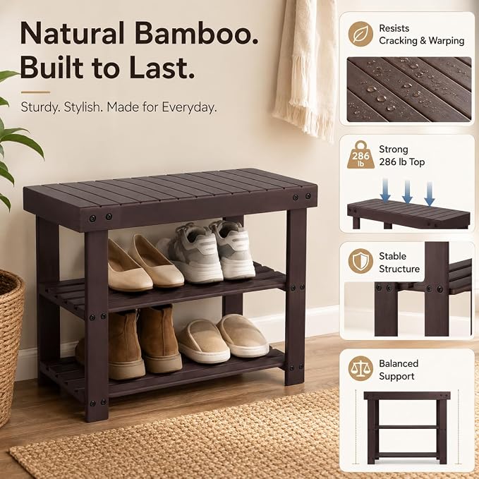 Shoe Rack Bench, 3-Tier Shoe Storage Organizer for Entryway , Shoe Shelf for Small Spaces, Multi-Functional Side Table Plant Stand, Shoe Stand for Bedroom, Living Room, Closet, Front Door, Brown