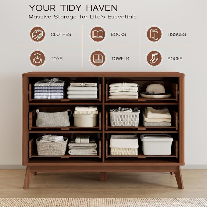 SUNWAVE 6 Drawer Dresser for Bedroom, 49.6" Wide Modern Fluted Dresser with Round Corner, Wood Chest of Drawers for Living Room (Walnut)