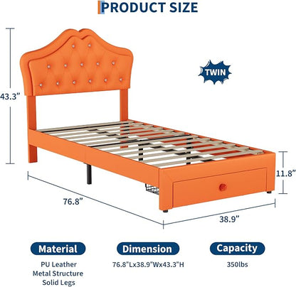 Twin Size Bed Frame for Girls with Storage Drawers & LED Lights, Upholstered Platform Bed, Velvet Crystal Button Princess Bed, Noise-Free Slats, No Box Spring Needed for Kids, Teens, Orange
