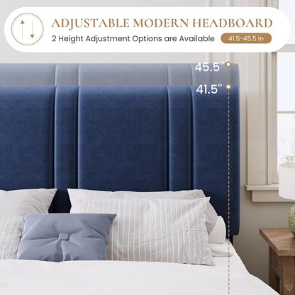 SHA CERLIN King Size Platform Bed Frame, Velvet Upholstered Bed with Adjustable Headboard, Vertical Channel Tufted Design, Sturdy Wood Slat Support, No Box Spring Needed, Easy Assembly, Dark Blue