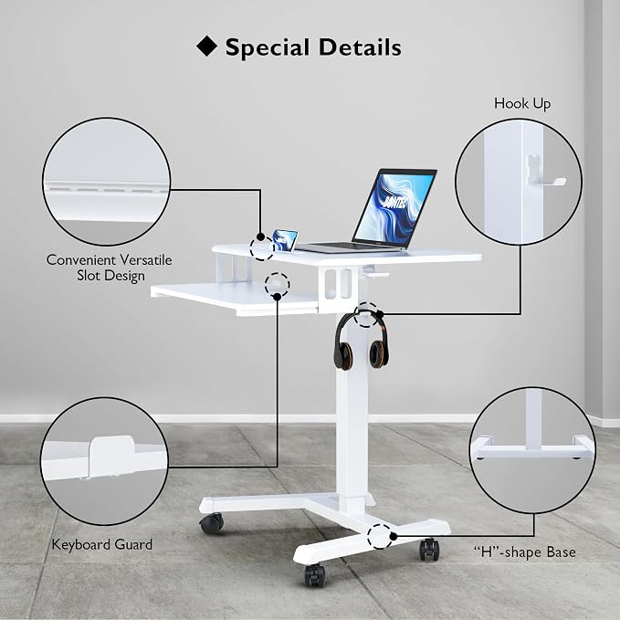 BONTEC Mobile Standing Desk with Keyboard Tray, Mobile Podium, Rolling Laptop Sit Stand Desk on Wheels, Adjustable Height Up to 33lbs, Portable Computer Workstation Cart for Living Room, Office, White