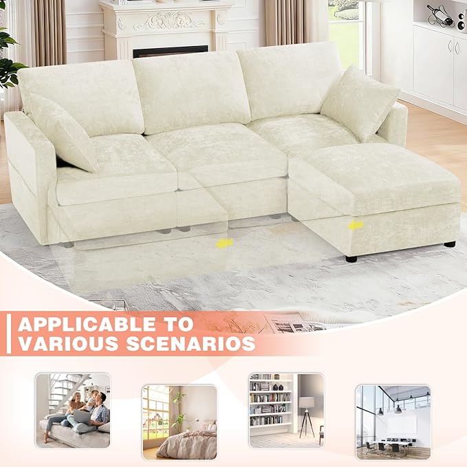 84” Chenille 3-Seats Sofa W/Movable Ottoman, Beige | Modern Fabric L-Shaped Couch w/Soft Backrests, Upholstered Sectional Sofa w/Arm Pillows for Living Room