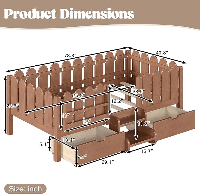Bellemave Twin Montessori Bed with Stairs, Lights, Rails and Slats, Twin Size Montessori Floor Bed with Bookshelf and 2 Storage Drawers, Easy Assemble Beds Frame for Girls, Boys, Natural