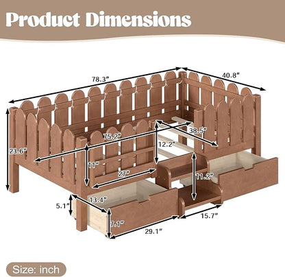 Bellemave Twin Montessori Bed with Stairs, Lights, Rails and Slats, Twin Size Montessori Floor Bed with Bookshelf and 2 Storage Drawers, Easy Assemble Beds Frame for Girls, Boys, Natural