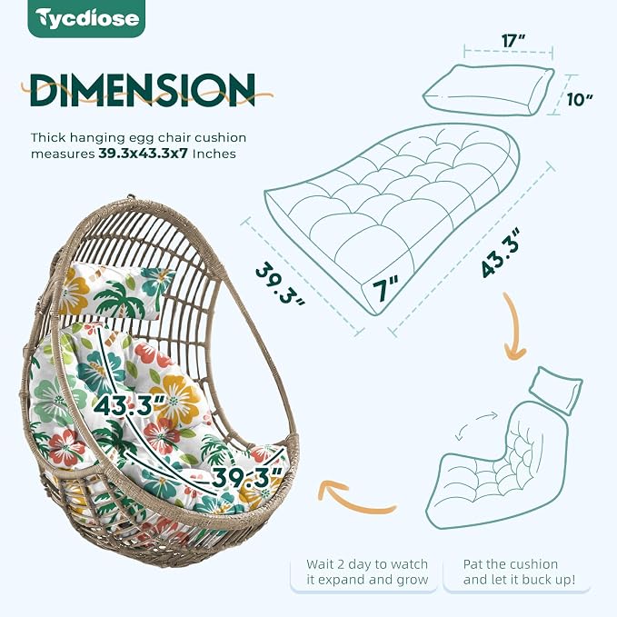 Outdoor Hanging Egg Chair Cushion Replacement, Extra Large Waterproof Egg Swing Cushions with Headrest Pillow and Ties, U-Shaped Thickened Cushion for Hanging Eggs Chair (Green Coconut)