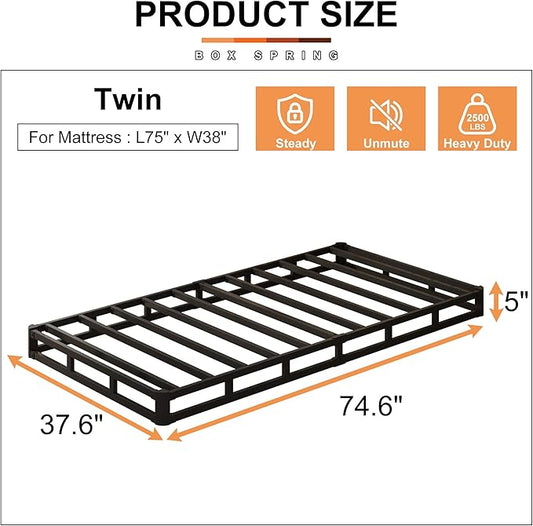 EMODA 5 Inch Twin Box Spring Bed Base, 1500 LBS Heavy Duty Metal Mattress Foundation with Fabric Cover, Easy Assembly