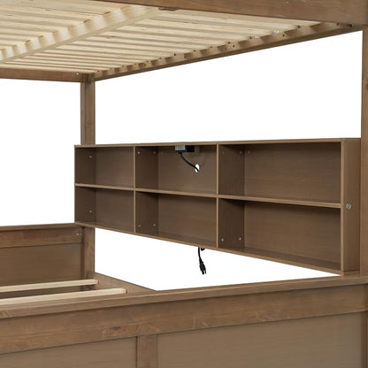 RUNNA Full XL Over Queen Bunk Bed with Storage,USB,Wood | Full XL over queen bunk bed with storage cabinets, USB, solid pine wood, guardrails, no box spring needed, natural wood