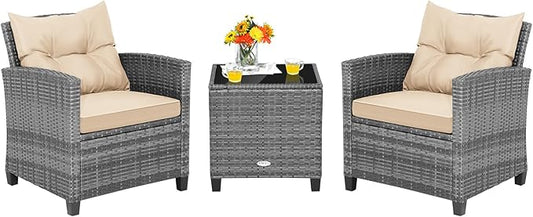 Tangkula 3 Pieces Wicker Patio Furniture Set, Outdoor Rattan Conversation Cushioned Chair Set with Tempered Glass Side Table, for Porch, Balcony and Garden
