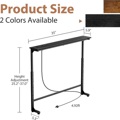 GRLEAF 35" Adjustable Height Narrow Console Table with Power Outlets, Long Sofa Table with Charging Station Behind Couch Table Skinny Entryway Table for Living Room, Hallway and Office – Black