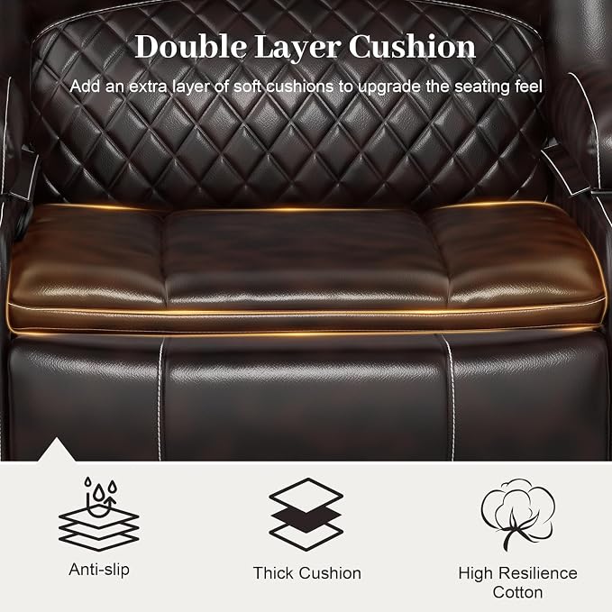 Yolsali Recliner Chairs for Adults, Oversize Manual Reclining Chair with 2-Tier Cushions, Faux Leather Recliner Chair with Hidden Storage Space, Living Room Recliner Chairs with Cup Holders - Brown