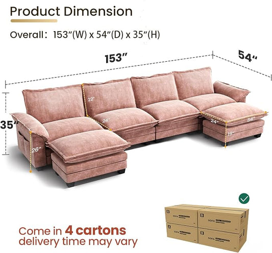 KKL U-Shaped Modular Sectional Sofa, 6 Seater Cloud Couch with Ottoman, Chenille Sectional Couches for Living Room, Apartment, Pink