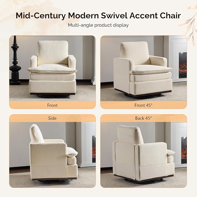 VINGLI Mid-Century Modern Single Swivel Armchair, 360° Swivel Accent Chair, Double-Layer Seat Cushions, Upholstered Square Club Chair for Living Room, Bedroom, Reading Room,Chenille Beige
