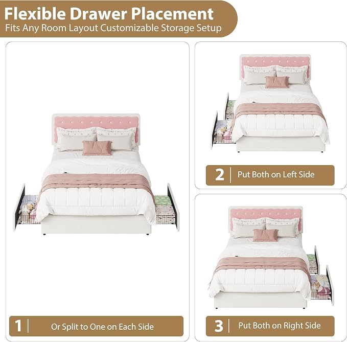Garvee Full Size Velvet Upholstered Bed with Biscuit Shaped Headboard, 2 Drawers, Wood Slats, No Box Spring Needed, Easy Assembly – Cream White & Pink