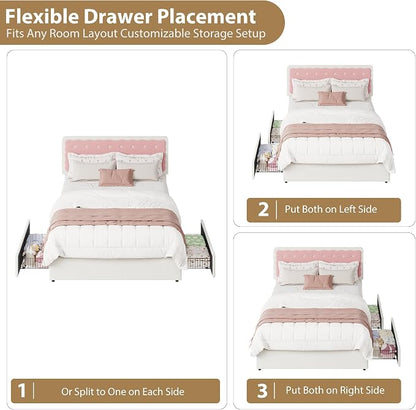 Garvee Full Size Velvet Upholstered Bed with Biscuit Shaped Headboard, 2 Drawers, Wood Slats, No Box Spring Needed, Easy Assembly – Cream White & Pink