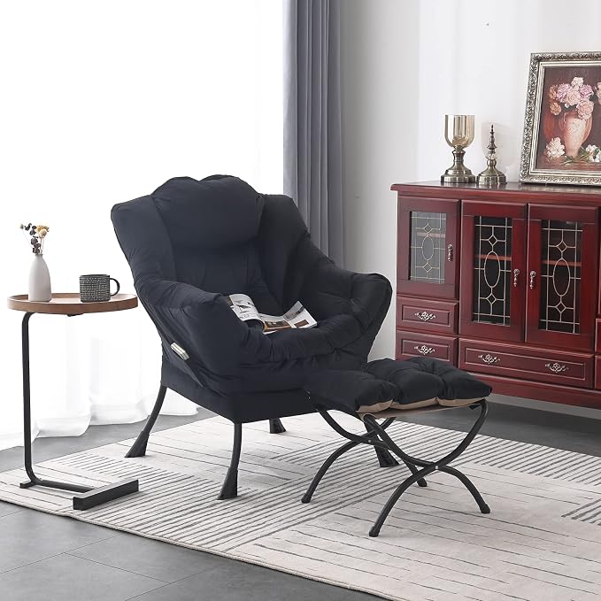 Welnow Lazy Chair with Ottoman, Modern Accent Chair with Armrests and a Side Pocket, Leisure Sofa Armchair, Reading Armchair with Footrest for Small Space, Black