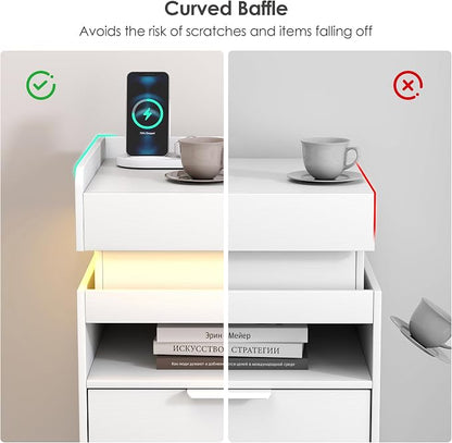 White Nightstand with Charging Station, Hidden Sliding Top Compartment with USB-C, 2 USB Ports & 2 Outlets, Modern Night Stand with Drawers for Bedroom