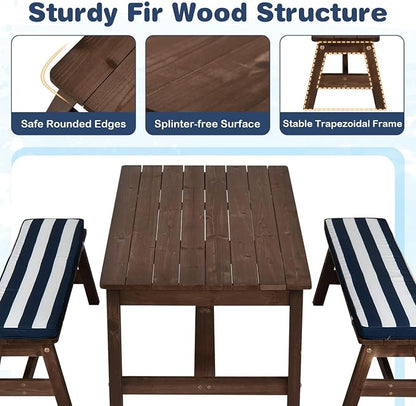 Costzon Kids Picnic Table, Fir Wood Toddler Outdoor Table & Bench Set w/Removable Umbrella & Cushions, Stripe Fabric, Kids Outdoor Furniture for Patio Backyard Garden, Fits 4 Children Age 3+ (Blue)
