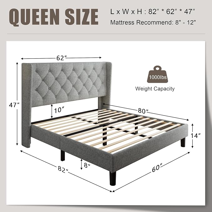 Einhomn Queen Size Platform Bed Frame with Fabric Upholstered Wingback Headboard, 9" Under Bed Space, Wooden & Metal Slats Support, No Box Spring Needed, Light Gray