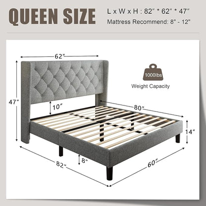 Einhomn Queen Size Platform Bed Frame with Fabric Upholstered Wingback Headboard, 9" Under Bed Space, Wooden & Metal Slats Support, No Box Spring Needed, Light Gray