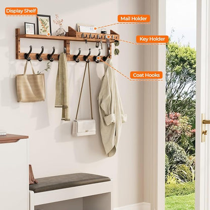 Evermagin 35" Coat Rack Wall Mount with Shelf, 4 in 1 Wall Mounted Coat and Key Hanger with 13 Hooks, Entryway Key Holder with Mail Holder for Living Room, Bedroom
