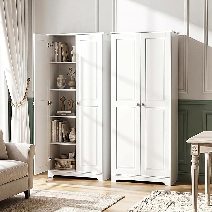 VINGLI 72" Tall Pantry Cabinet, Kitchen Pantry Storage Cabinet with 2 Doors & Adjustable Shelves, Freestanding Food Storage Cupboard for Kitchen, Dining Room, Utility Room, White