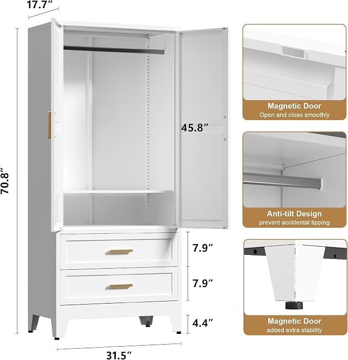 Washsemba 71'' Farmhouse Metal Wardrobe Cabinet with Hanging Rod, 2 Barn Door Wardrobe Closet with Adjustable Shelves,2 Drawer,for Dining Room,Bedroom,Living Room, Cloak Room,Office (White)