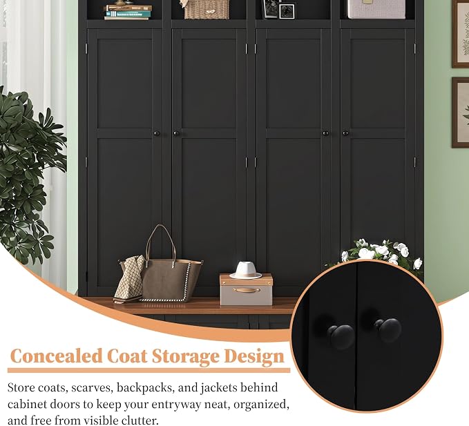 Hall Tree with Bench and Shoe Storage,Shoe and Coat Rack with Drawer and Hooks,Farmhouse Furniture for Entryway,Mudroom,Living Room,Black (Black, 59" W)