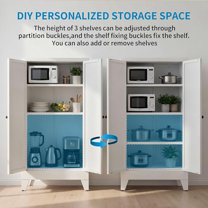 48" H White Steel Pantry Storage Cabinet with 3 Adjustable Shelves | 4-Tier Tall Metal Cabinets for Kitchen, Living Room, Garage, Heavy Duty Freestanding Utility Cabinet, Assembly Required