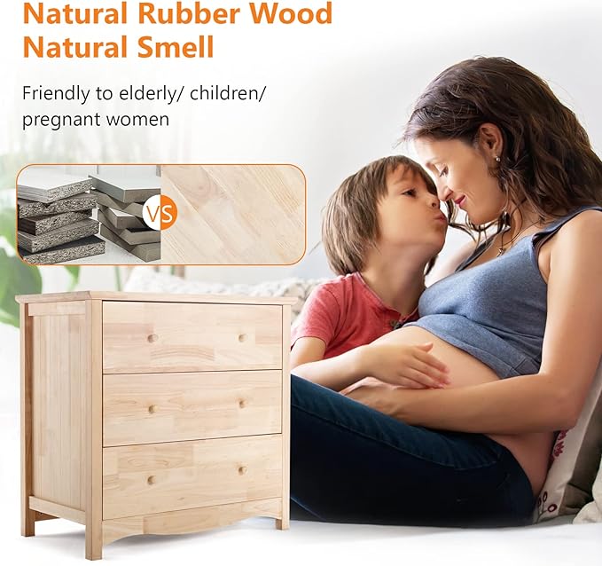 VINGLI Unfinished Natural Solid Wood 3 Drawer Dresser, Farmhouse Dressers & Chests of Drawers Color DIY Rubber Wood Dresser with Full Extension Drawer Slides & Wood Knobs Rustic Style