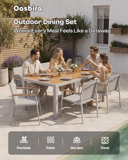 Outdoor Dining Chairs Set of 2, Aluminum Patio Armchairs, All Weather Patio Dining Furniture for Backyard, Deck, Poolside (White-Teak)