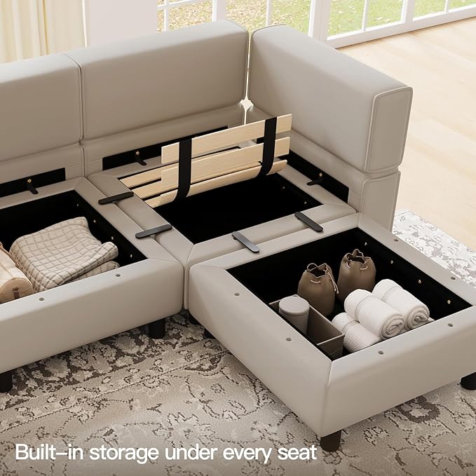 Belffin Modular U Shaped Couch with Storage Seat Reversible Sectional Sofa with Chaise Velvet Grey…