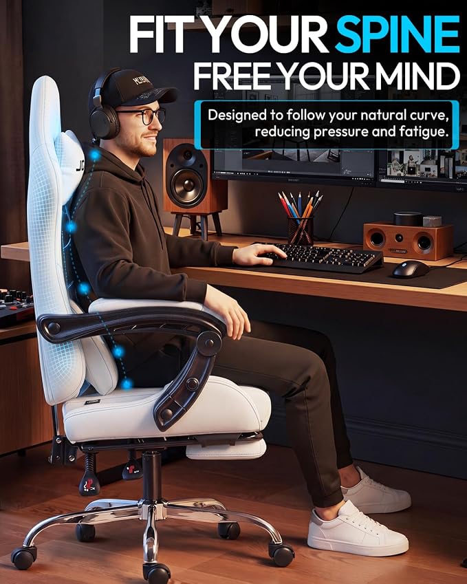Dowinx Ergonomic Gaming Chair with Footrest & Massage Lumbar, 2D-Linkage Armrests for Computer Chair 330lbs with Headrest Pillow for Office, Home, Streaming and Long Gaming Sessions, Fabric Pure White