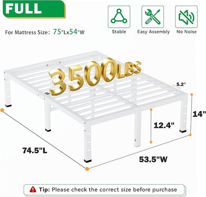 14 Inch Full Size Bed Frames, Heavy Duty Metal Platform 3500 lbs Capacity, No Box Spring Needed, 6 Mattress Slide Stopper, Headboard Holes, Noise-Free, Easy Assembly, White