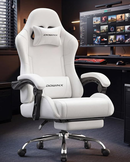 Dowinx Ergonomic Gaming Chair with Footrest & Massage Lumbar, 2D-Linkage Armrests for Computer Chair 330lbs with Headrest Pillow for Office, Home, Streaming and Long Gaming Sessions, Fabric Pure White