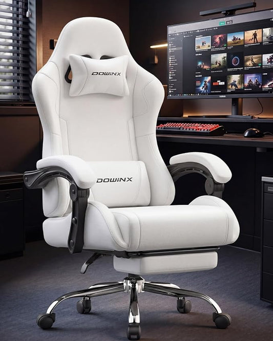 Dowinx Ergonomic Gaming Chair with Footrest & Massage Lumbar, 2D-Linkage Armrests for Computer Chair 330lbs with Headrest Pillow for Office, Home, Streaming and Long Gaming Sessions, Fabric Pure White