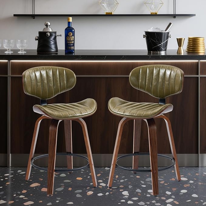Modern Bar Stools, 24 inch PU Leather Wooden Bentwood Swivel Barstools Counter Height Breakfast Bar Chairs with Backrest and Footrest for Kitchen Island, Dining Room, Bar D035-Olive Green-1
