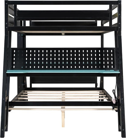 Merax Wooden Full Over Full Bunk Bed with 2 Side Desks, USB Desktop Ports and Pegboard Organizer, Gaming Bunk Bed for Gamer, Kids or Teens, No Box Spring Needed, Cloud Blue